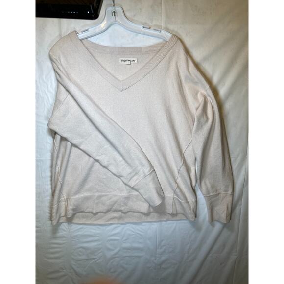 Lucky Brand V-Neck Fleece Sweater Sweatshirt Pullover Cream Women's Size Medium - Picture 1 of 9